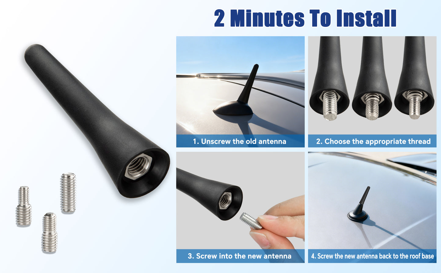 Boobrie Short Car Antenna Rubber 2.5 Inch Mini AM/FM/DBA Radio Antenna Replacement Car Roof-Mounted Flexible Rubber Antennas with M4 M5 M6 Thread Adapters