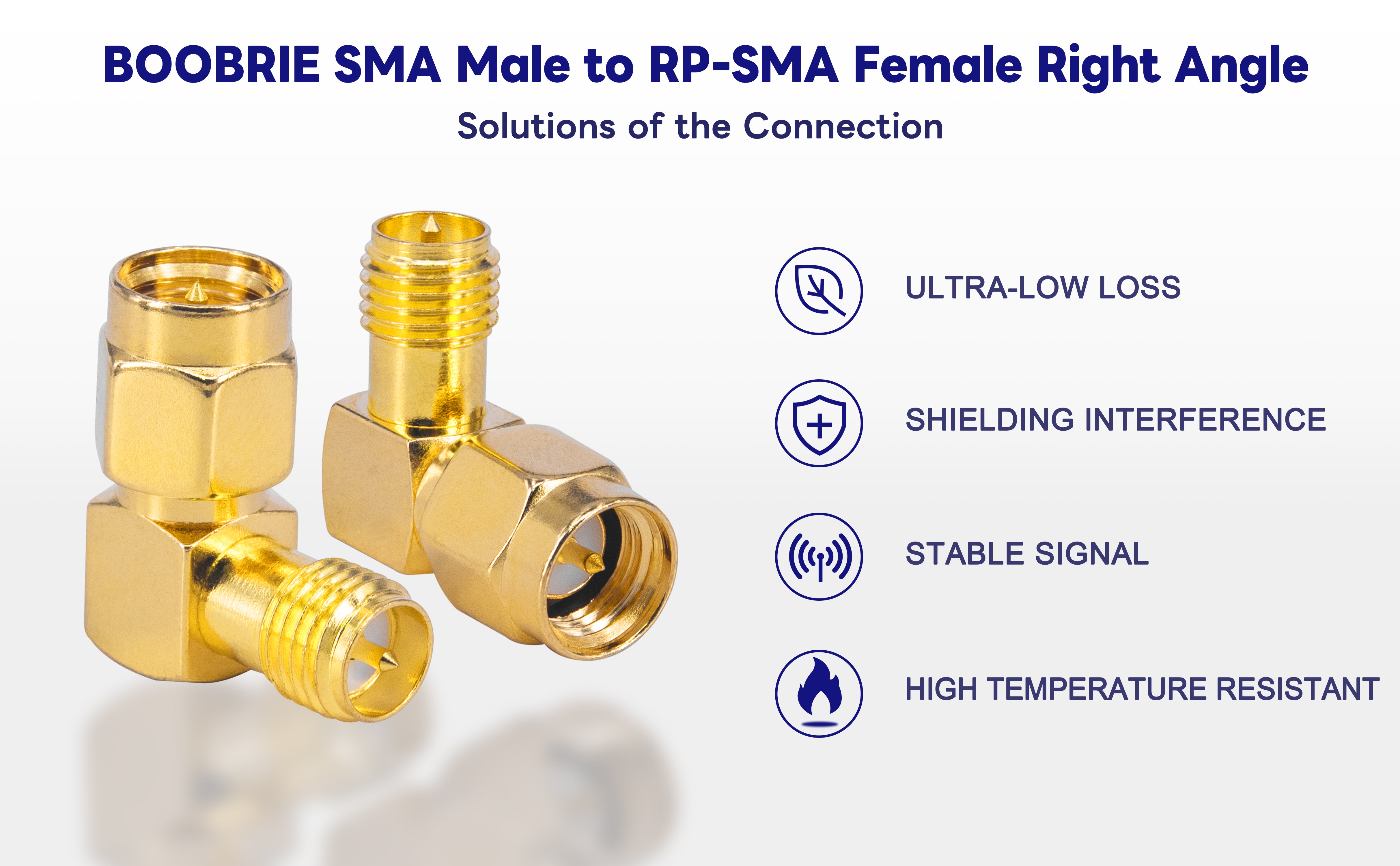 Boobrie SMA Male Right Angle Connector Kit SMA Male To RP-SMA Male/Female 90 Degree Adapter Upgraded SMA Elbow RF Coax Connector DC-18GHz VSWR ≤1.15 For FPV Drone Signal Booster Wireless 4PCS