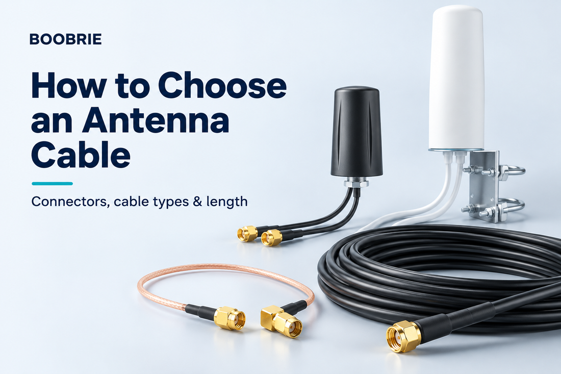 BOOBRIE antenna cable guide showing coaxial cables, a short jumper and an outdoor antenna