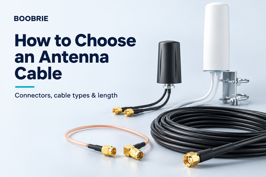 BOOBRIE antenna cable guide showing coaxial cables, a short jumper and an outdoor antenna