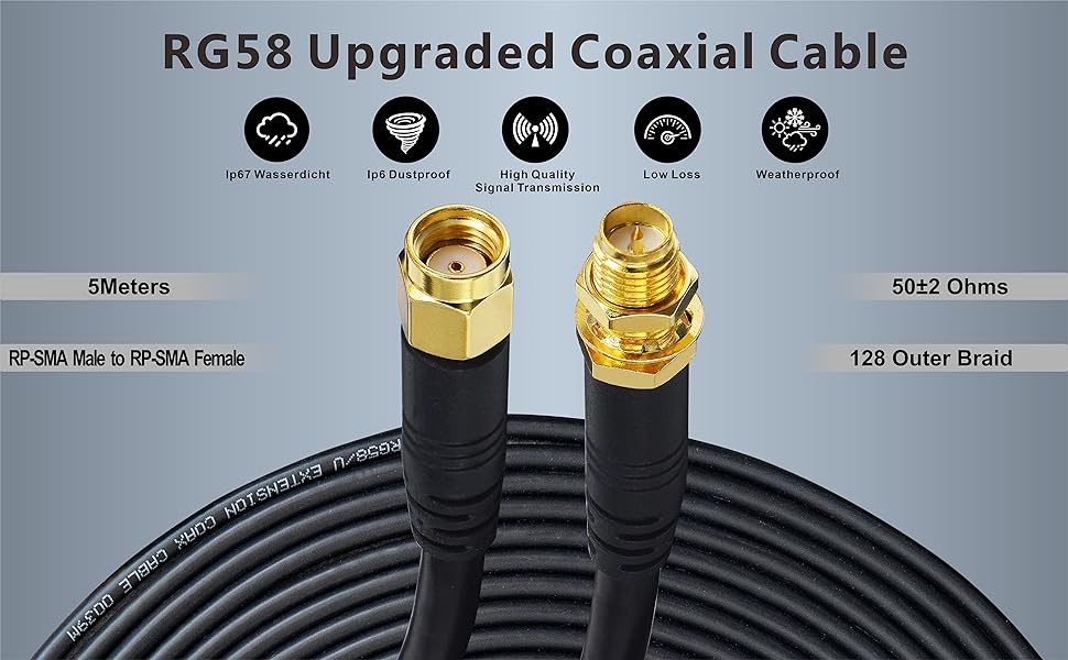 Boobrie Upgraded 5M RP-SMA Male to RP-SMA Female RG58 Coaxial Cable SuperFlex RG58 RP-SMA Extension Cable Low Loss RP-SMA WiFi Antenna Cable for Wireless Mini PCI PCIE Network Card WiFi Router