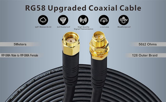 Boobrie Upgraded 5M RP-SMA Male to RP-SMA Female RG58 Coaxial Cable SuperFlex RG58 RP-SMA Extension Cable Low Loss RP-SMA WiFi Antenna Cable for Wireless Mini PCI PCIE Network Card WiFi Router