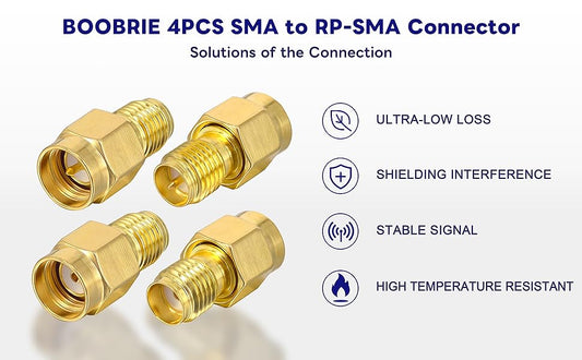 BOOBRIE SMA to RP-SMA Adapter Kit 2X SMA Male to RP-SMA Female Adapter 2X SMA Female to RP-SMA Male Plug Adapter WiFi Antenna Adapter for WiFi Antenna Goggles FPV Drone Signal Booster Pack of 4