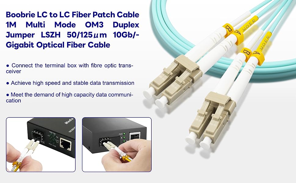 Boobrie LC to LC Fiber Patch Cable 1M Multi Mode OM3 Duplex Jumper LSZH 50/125μm 10Gb/Gigabit Optical fiber Cable for Ethernet Data Transmission and Bidirectional Communication SFP Transceiver
