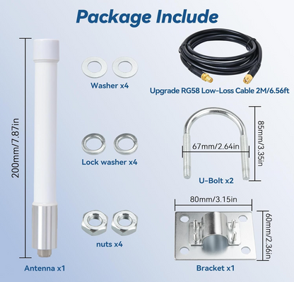 4G LTE Fiberglass Omni Antenna 698-2700MHz with 6.56ft RG58U Extension Cable RP-SMA Male Compact White Design U-Bracket Mount for Cellular Router IP Camera Hotspot Modem