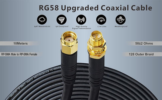 Boobrie Upgraded RP-SMA Extension Cable 10M RG58 SuperFlex RG58 RP-SMA Male to RP-SMA Female Coaxial Cable Low Loss RP SMA WiFi Antenna Cable for Wireless Mini PCI Express PCIE Network Card WiFi