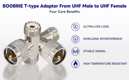 Boobrie 2-Pack PL-259 UHF Triple Tee Connector UHF Male PL259 to Dual UHF Female SO239 Adapter RF Coaxial Connector UHF T Shape 3 Way Splitter for Ham Radio CB Antenna WiFi