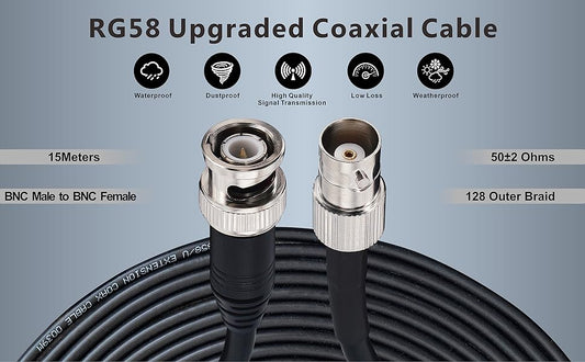 Boobrie Upgraded RG58 BNC Extension Cable 49.2Ft BNC Male to BNC Female Coaxial Cable 50 ohm Low Loss BNC Male to Female HD Video Coax Antenna Cable for CB Radio VHF UHF Ham Radio CCTV SDI Lead