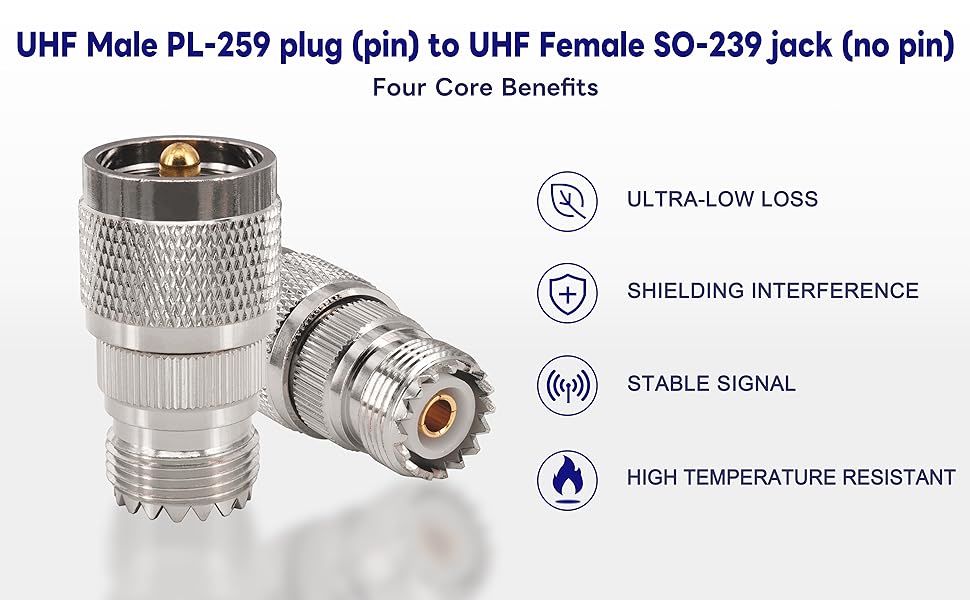 Boobrie UHF Male to Female Coax Connector PL259 to SO239 CB Radio Adapter RF Coaxial Cable Connectors for Ham Radio Two Way Radio Amateur Radio Marine VHF Radio Pack of 2