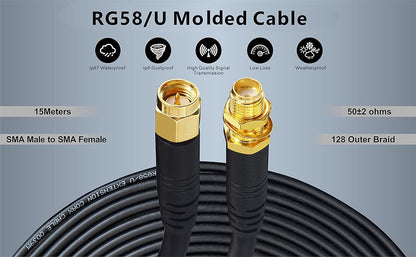 Boobrie Upgraded WIFI Antenna Cable 15M Low Loss RG58 SMA Male to SMA Female Cable RG58 50 ohms SMA Antenna Extension SMA Coaxial Pigtail Jumper Cable for PCI Card Access 3G 4G LTE WiFi Router