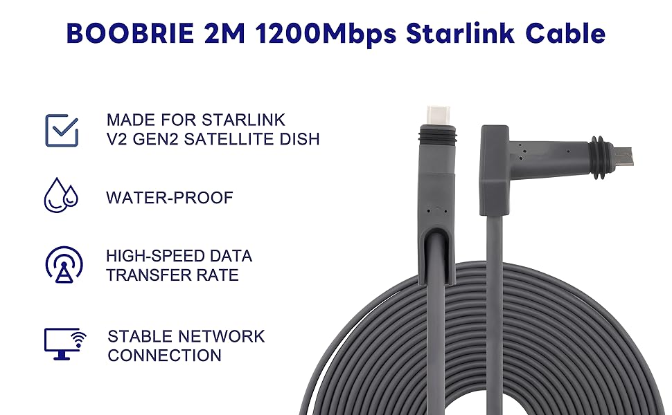 Boobrie Starlink Cable 6.56Ft for Starlink Actuated Gen 2 Starlink Replacement Cable 1200Mbps Starlink Rectangular Satellite V2 Waterproof