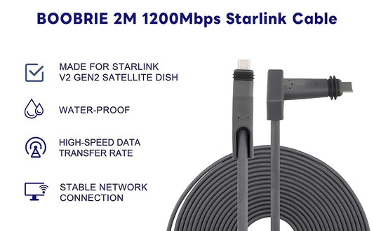 Boobrie Starlink Cable 6.56Ft for Starlink Actuated Gen 2 Starlink Replacement Cable 1200Mbps Starlink Rectangular Satellite V2 Waterproof