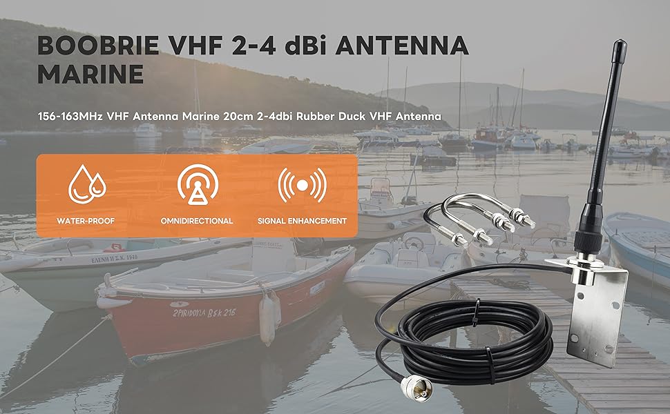 BOOBRIE 156-163MHz VHF Marine Antenna 20cm 2-4dbi Rubber Duck VHF Antenna with PL259 Connector UHF Male to UHF Female SO239 Right Angle 5M RG58 Upgraded 128 Cable