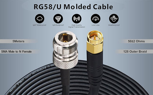 Boobrie Upgraded 5M N Female to SMA Male Coaixal RG58 Cable SMA to N Type Antenna Cable SuperFlex RG58 Low Loss 50ohms SMA Male to N Type Female RF Connector for 3G 4G 5G LTE ADS-B Ham GPS WiFi