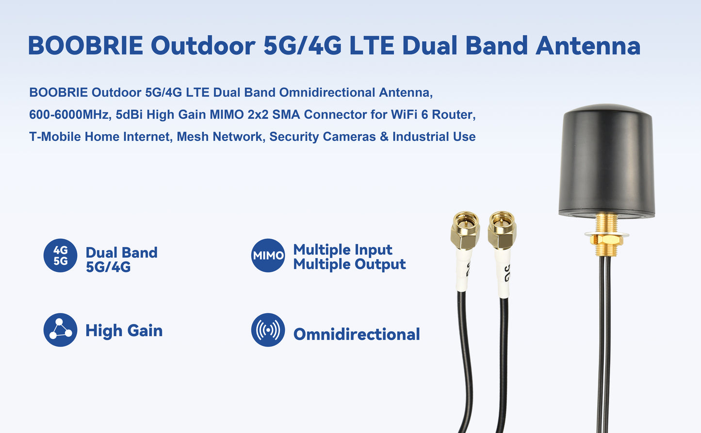 BOOBRIE 2x2 MIMO Omnidirectional Antenna 600-6000MHz 5G 4G LTE 3G Outdoor Antenna with 2x16.4ft BMR100 SMA Male Cables for Router Gateway, T-Mobile/Verizon/AT&T Home Internet