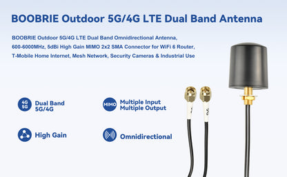 BOOBRIE 2x2 MIMO Omnidirectional Antenna 600-6000MHz 5G 4G LTE 3G Outdoor Antenna with 2x16.4ft BMR100 SMA Male Cables for Router Gateway, T-Mobile/Verizon/AT&T Home Internet