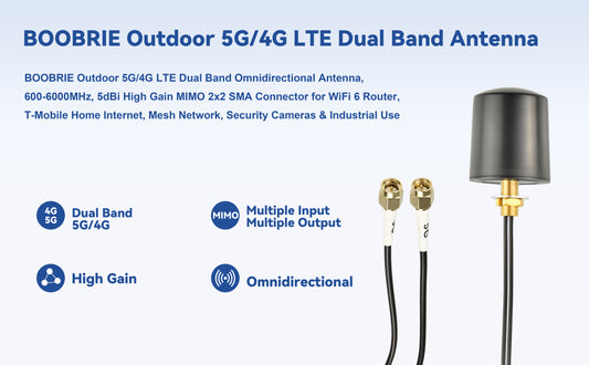 BOOBRIE 2x2 MIMO Omnidirectional Antenna 600-6000MHz 5G 4G LTE 3G Outdoor Antenna with 2x16.4ft BMR100 SMA Male Cables for Router Gateway, T-Mobile/Verizon/AT&T Home Internet