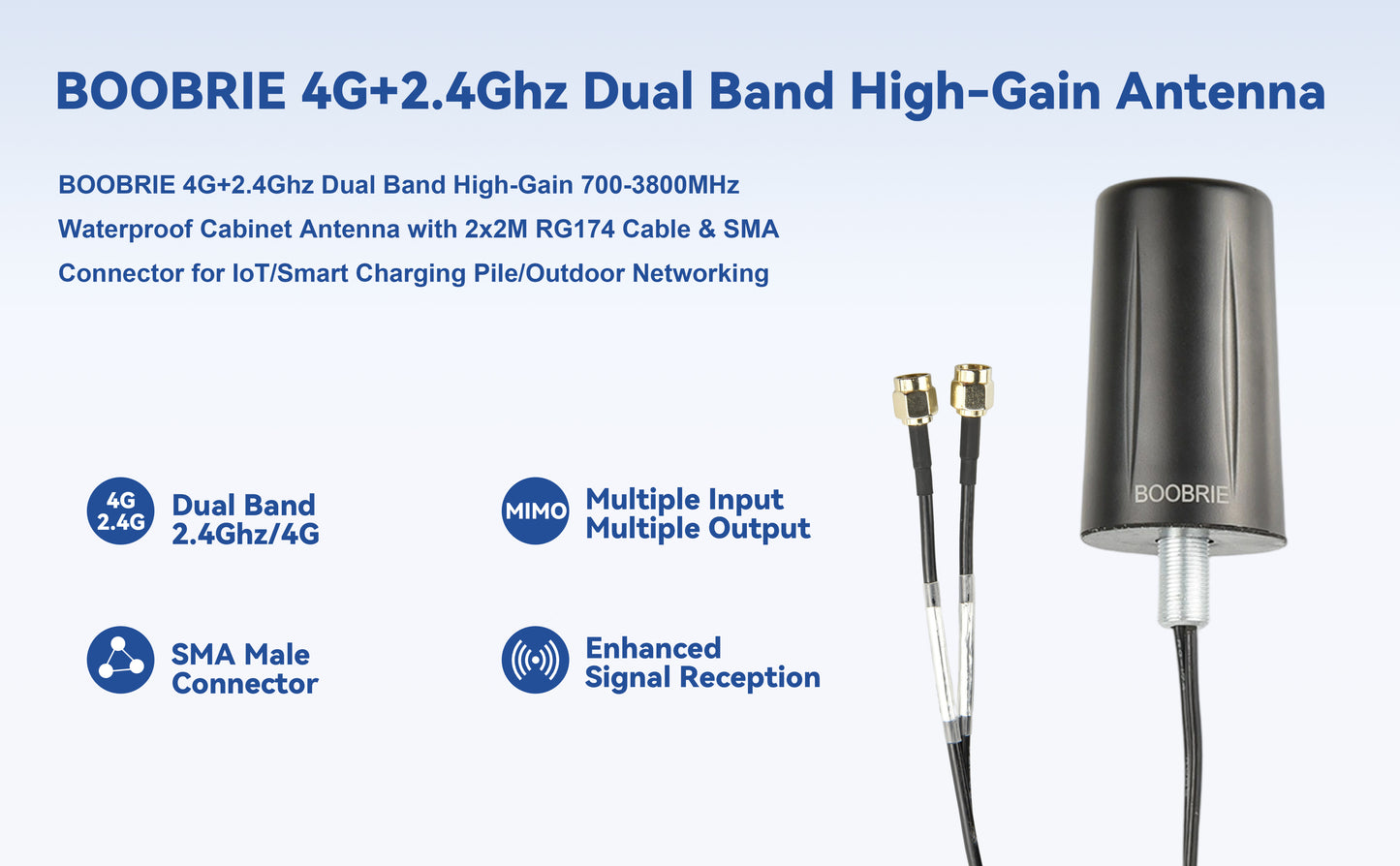 BOOBRIE 2x2 MIMO Omnidirectional Antenna for 5G/4G LTE (700-3800MHz)+ WiFi (2.4-2.5GHz) High Gain Waterproof Outdoor/Indoor Antenna with 2x6.56ft SMA Cables for IoT/Router/Networking