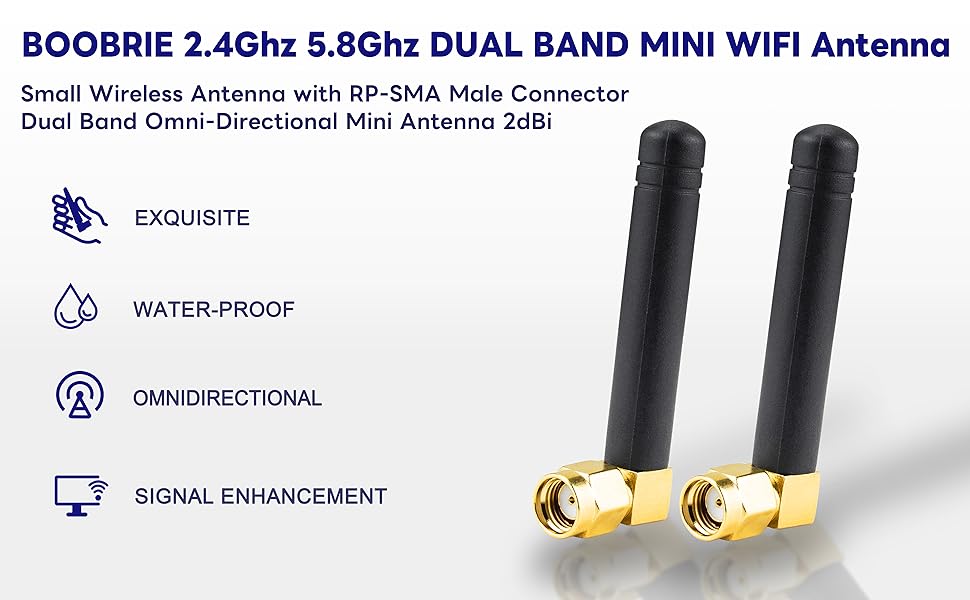 BOOBRIE RP-SMA Mini 2.4GHz 5.8GHz WiFi Antenna 2DBi Dual Band Wireless WiFi Antenna Right Angle Small PC WiFi Antenna RP-SMA Male Connector Omni-Directional Mini WiFi Aerial Signal Booster Pack of 2