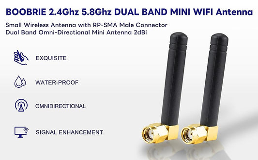 BOOBRIE RP-SMA Mini 2.4GHz 5.8GHz WiFi Antenna 2DBi Dual Band Wireless WiFi Antenna Right Angle Small PC WiFi Antenna RP-SMA Male Connector Omni-Directional Mini WiFi Aerial Signal Booster Pack of 2