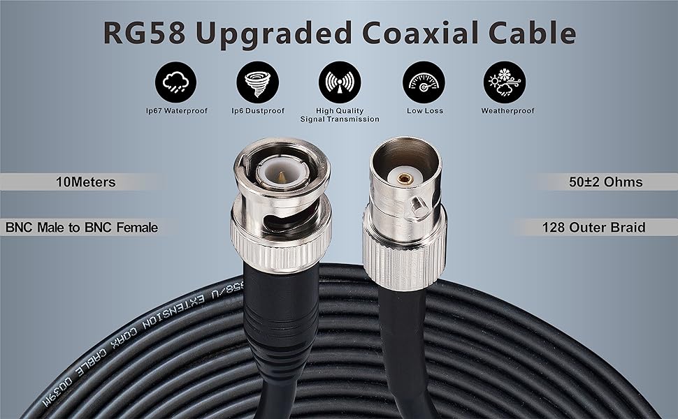 Boobrie Upgraded BNC Male to BNC Female Cable 10M RG58 BNC Extension Cable SuperFlex RG58 BNC Male to Female HD Video Cable Coax Jumper BNC Coax Cable for CCTV Broadcast Video SDI Lead Cable