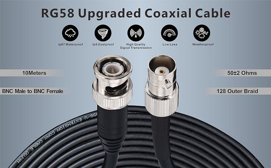 Boobrie Upgraded BNC Male to BNC Female Cable 10M RG58 BNC Extension Cable SuperFlex RG58 BNC Male to Female HD Video Cable Coax Jumper BNC Coax Cable for CCTV Broadcast Video SDI Lead Cable
