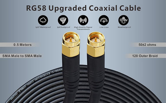 Boobrie Upgraded SMA Male Patch Lead Cable 0.5M RG58 Coxial Cable SMA Male to SMA Male Cable RG58 Pro SMA Male RF Coaxial Cable Low Loss SMA Male Connector for WIFI Antanna Wireless Router Devices