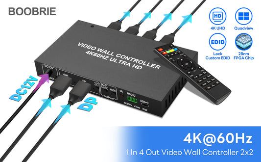 BOOBRIE 4K60 1x4 Video Wall Controller FPGA-Based, 4-Way HDMI Splitter True 4K@60Hz HDMI & DP Input Support 2x2 1x4 4x1 1x3 3×1 Multi Display Mode, 180° Rotation, Edge, RS232 & Remote Control