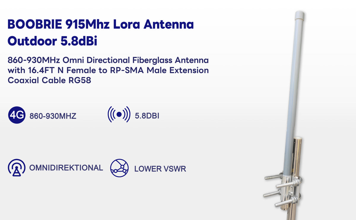 BOOBRIE 915MHz 5.8dBi outdoor fiberglass LoRa antenna with N male connector and pole mounting hardware