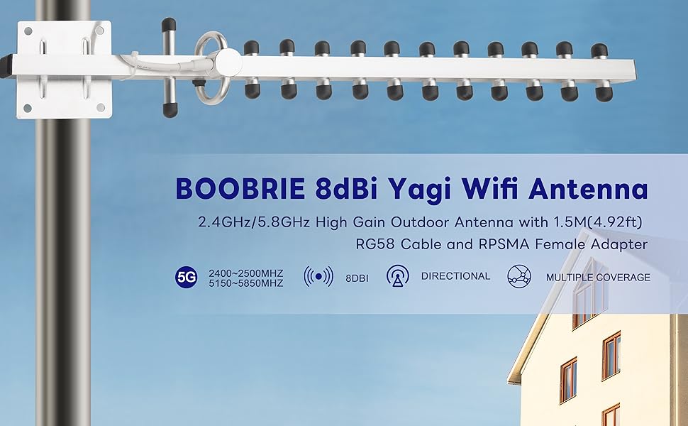 BOOBRIE Dual Band Yagi WiFI Antenna 2.4G/5.8G 8dBi Outdoor Directional Antenna High Gain RP-SMA Female Connector 4.92Ft RG58 Cable 13 Unit WIFi Yagi Antenna for Router Network Card WiFi Signal Booster