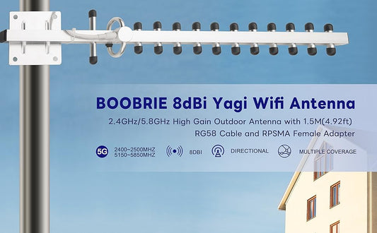 BOOBRIE Dual Band Yagi WiFI Antenna 2.4G/5.8G 8dBi Outdoor Directional Antenna High Gain RP-SMA Female Connector 4.92Ft RG58 Cable 13 Unit WIFi Yagi Antenna for Router Network Card WiFi Signal Booster