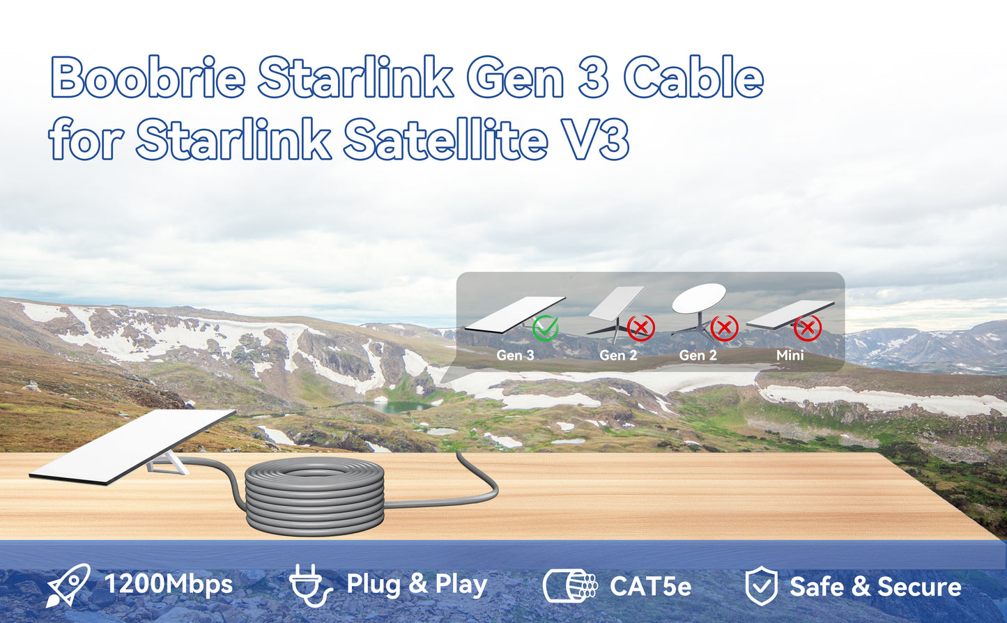 BOOBRIE Starlink Gen 3 Cable 10M/32.8FT Waterproof High Speed Internet Cable for Starlink Satellite V3 Replacement Starlink Ethernet Cable Gen 3