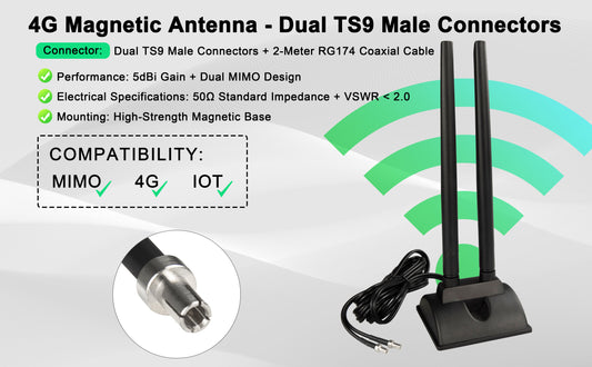 Boobrie Dual Band WiFi Antenna 2.4GHz 5GHz 5.8GHz TS9 WiFi Antenna with Magnetic Base 5dBi External Antennas for Wi-Fi Router/Hotspot/Industrial IoT/Car WiFi, 2M/6.56Ft Low Loss Cable