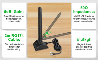 Boobrie Dual Band WiFi Antenna 2.4GHz 5GHz 5.8GHz TS9 WiFi Antenna with Magnetic Base 5dBi External Antennas for Wi-Fi Router/Hotspot/Industrial IoT/Car WiFi, 2M/6.56Ft Low Loss Cable