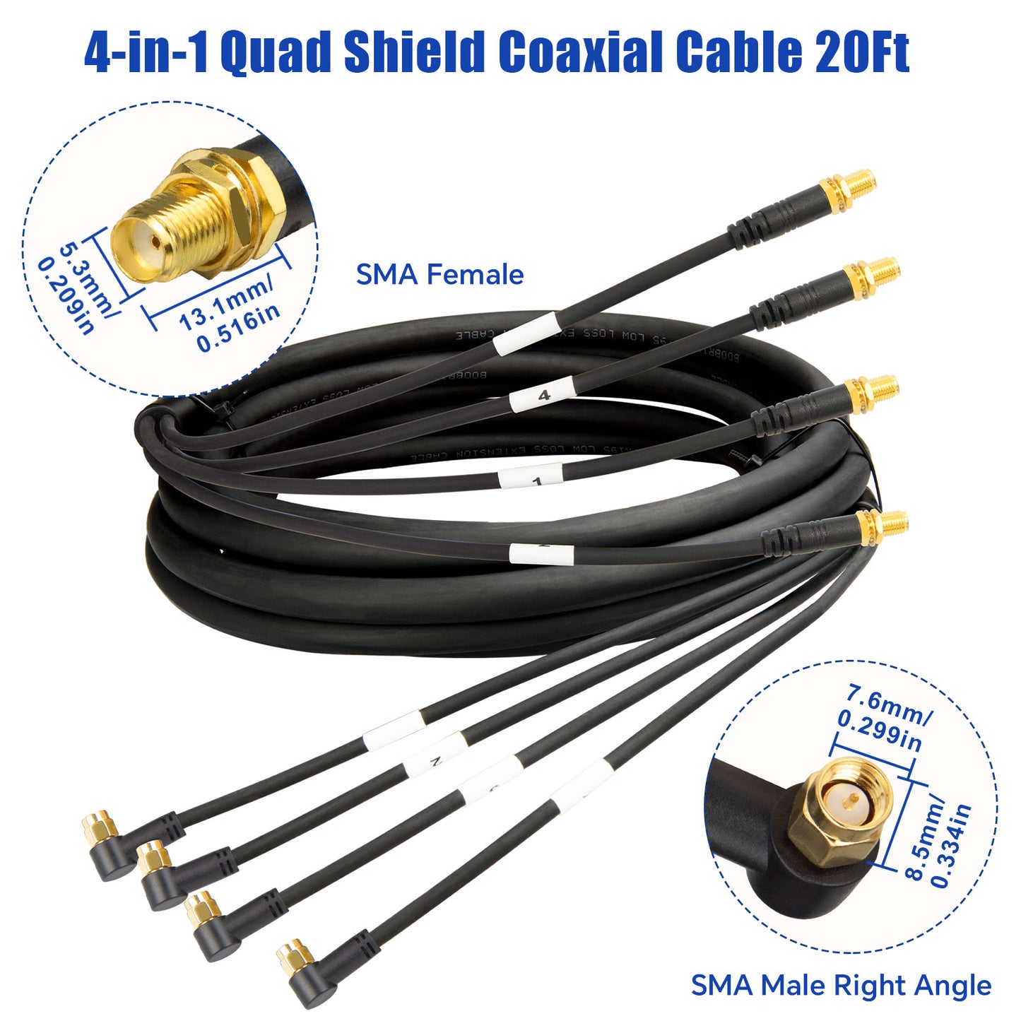 Boobrie 6.1M/20FT SMA Male 90 Degree to SMA Female Cable - Low Loss Quad-195 Coaxial Cable SMA Right Angle to SMA Extension Cable Ultra Low Loss for 5G Cellular Routers, Gateways & 4x4 MIMO Antennas,4 in 1