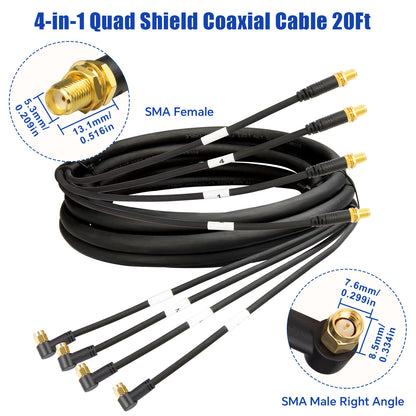 Boobrie 6.1M/20FT SMA Male 90 Degree to SMA Female Cable - Low Loss Quad-195 Coaxial Cable SMA Right Angle to SMA Extension Cable Ultra Low Loss for 5G Cellular Routers, Gateways & 4x4 MIMO Antennas,4 in 1