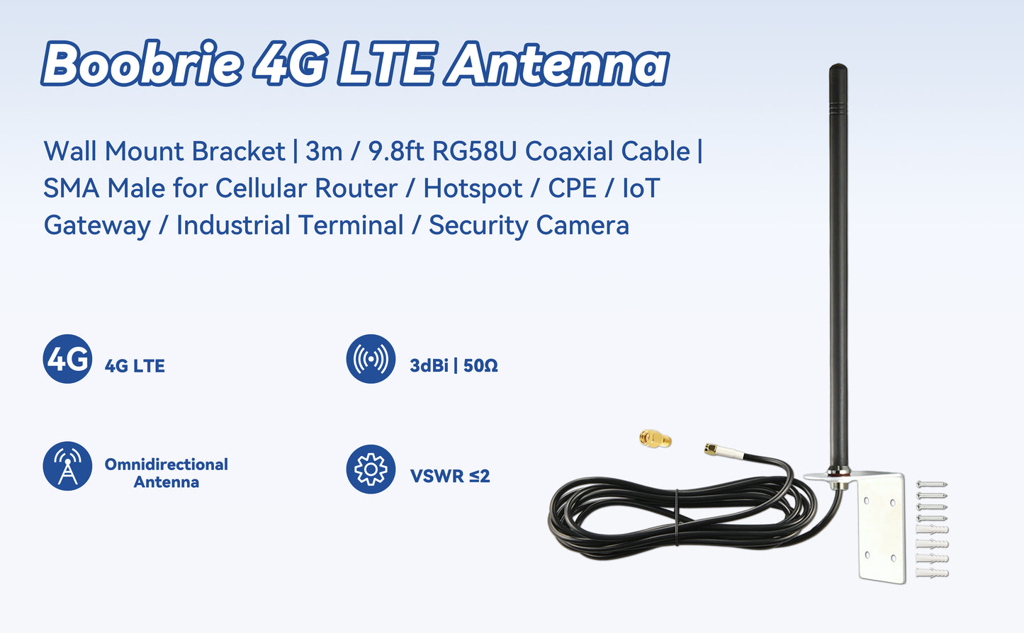 Boobrie Outdoor Wall Mount Antenna Omnidirectional 3dBi Gain 50Ω 3m/9.84ft RG58 Cable SMA Male