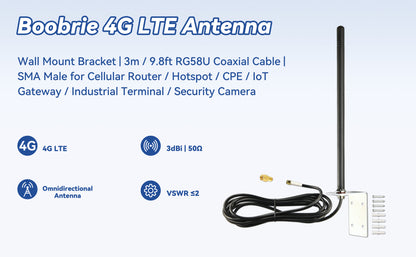 Boobrie Outdoor Wall Mount Antenna Omnidirectional 3dBi Gain 50Ω 3m/9.84ft RG58 Cable SMA Male