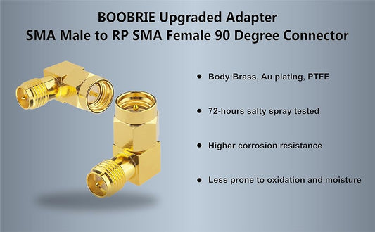 BOOBRIE 2-Pack Upgraded SMA 90 Degree Adapter Elbow SMA Male to RP-SMA Female Right Angle Connector DC-18GHz VSWR ≤1.15 RP-SMA RF Coax FPV Antenna Adapter for FPV Drone Wireless LAN Device