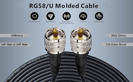 Boobrie Upgraded Cable PL259 20M RG58 Coax Cable UHF Male to UHF Male Cable 50ohms SuperFlex RG58 CB Radio Cable Ham Radio Coaxial Cable Low Loss PL259 Adapter for CB Ham Radio Antenna Broadcast