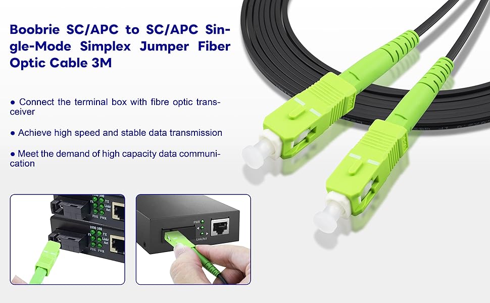 Boobrie SC/APC to SC/APC Singlemode Simplex Jumper Fiber Optic Cable 3M Indoor Drop Cable SC/APC Fiber Patch Cable Black Jacket for Optical Fiber Communication System Local Area Network FTTH Cables