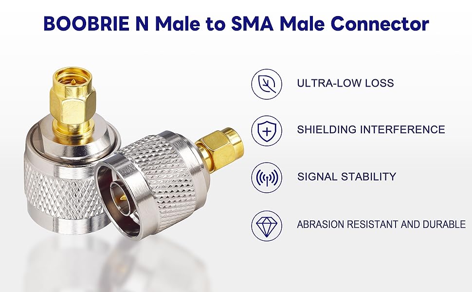 Boobrie SMA to N Coax Connector N Type Male to SMA Male Antenna Adapter RF Coaxial CB Radio Antenna Converter for WiFi Antenna Broadcast Radio Pack of 2