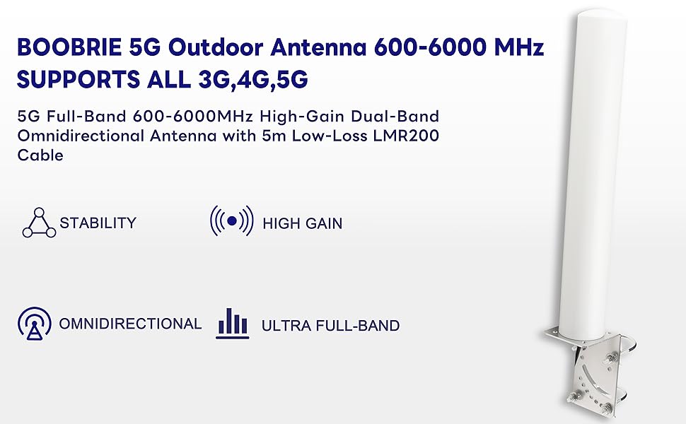 BOOBRIE 5G LTE Antenna Outdoor 600-6000MHz WiFi Antenna 10dBi LTE OmniDirectional Antenna SMA Male RG58 Cable 5M with SMA Female TS9 Male RG316 Cable 15CM and SMA Female to TS9 Male Adapter