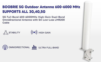 BOOBRIE 5G LTE Antenna Outdoor 600-6000MHz WiFi Antenna 10dBi LTE OmniDirectional Antenna SMA Male RG58 Cable 5M with SMA Female TS9 Male RG316 Cable 15CM and SMA Female to TS9 Male Adapter