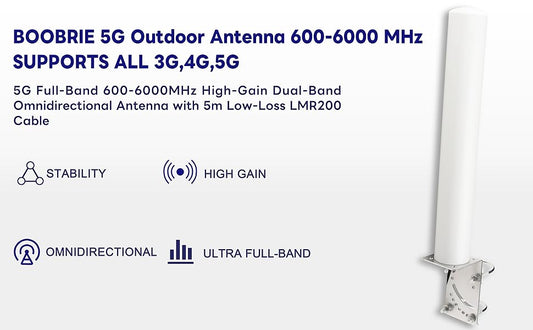BOOBRIE 5G LTE Antenna Outdoor 600-6000MHz WiFi Antenna 10dBi LTE OmniDirectional Antenna SMA Male RG58 Cable 5M with SMA Female TS9 Male RG316 Cable 15CM and SMA Female to TS9 Male Adapter
