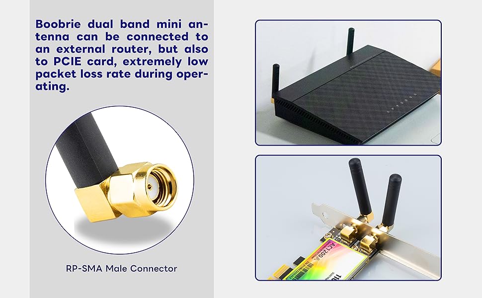 BOOBRIE RP-SMA Mini 2.4GHz 5.8GHz WiFi Antenna 2DBi Dual Band Wireless WiFi Antenna Right Angle Small PC WiFi Antenna RP-SMA Male Connector Omni-Directional Mini WiFi Aerial Signal Booster Pack of 2