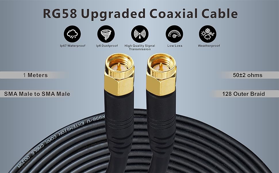 Boobrie Upgraded SMA Male to SMA Male Cable RG58 1M SMA Male to Male RF Adapter Cable SuperFlex RG58 Low Loss SMA Male SMA Male Connector Cable for WIFI Antanna Wireless Router Network Devices