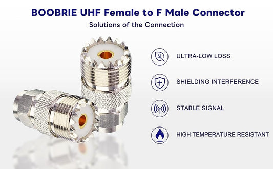 Boobrie 2-Pack F Male to UHF Female SO239 Coaxial Adapter UHF SO-239 to F Type Antenna Connector for TV Antenna RG-6 Cable Wireless LAN Devices Wi-Fi Radios External Antenna