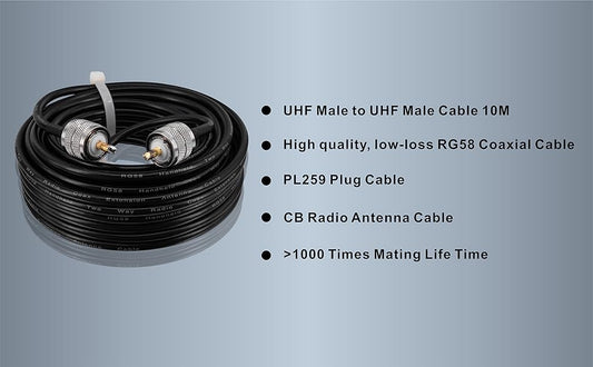 Boobrie PL259 Cable 10M CB Radio Cable RG58 Coaxial Cable 50ohms PL259 Male Jumper UHF Male to Male Cable Radio Antenna Low Loss Extension for Ham Radio/Antenna/Broadcast/Scanner/WiFi/Telecom/CCTV